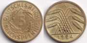 Германия 5 рейхспфеннигов 1924 А