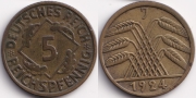 Германия 5 рейхспфеннигов 1924 J